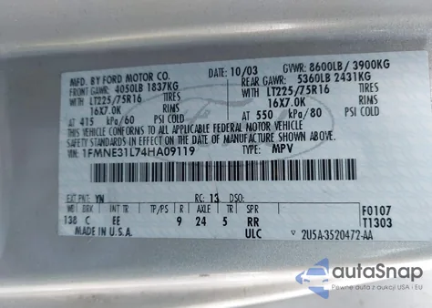 2004 Ford E-350 Super Duty Chateau/Xl/Xlt z USA, uszkodzony, nr VIN 1FMNE31L74HA09119